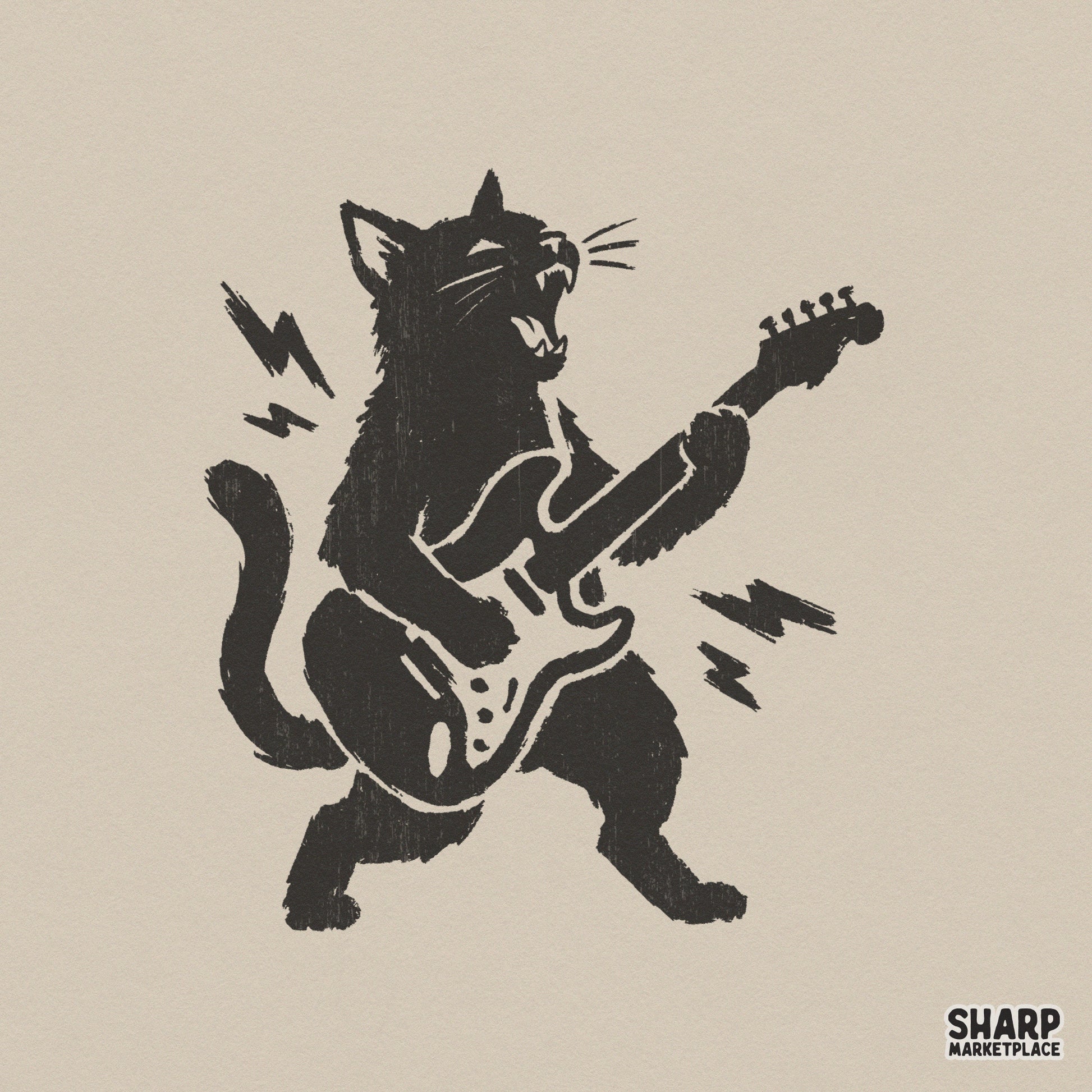 Distressed black cat silhouette playing an electric guitar with lightning bolts, perfect for rock-themed sublimation and apparel projects.