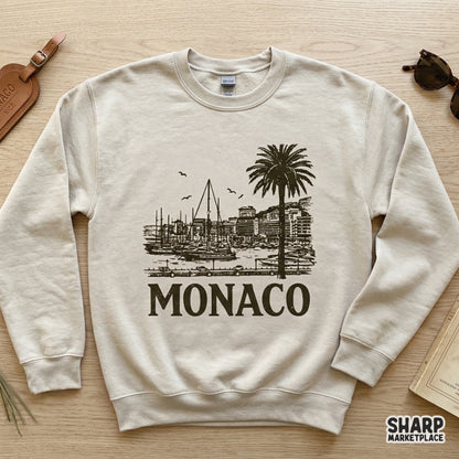Monochromatic dark brown Riviera waterfront graphic with a palm tree and harbor, ideal for sublimation transfers and custom summer apparel.
