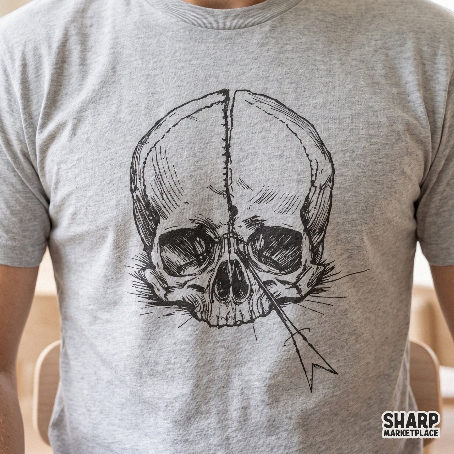 Vintage pierced skull sketch in a dark gothic illustration style for retro Halloween sublimation and apparel designs