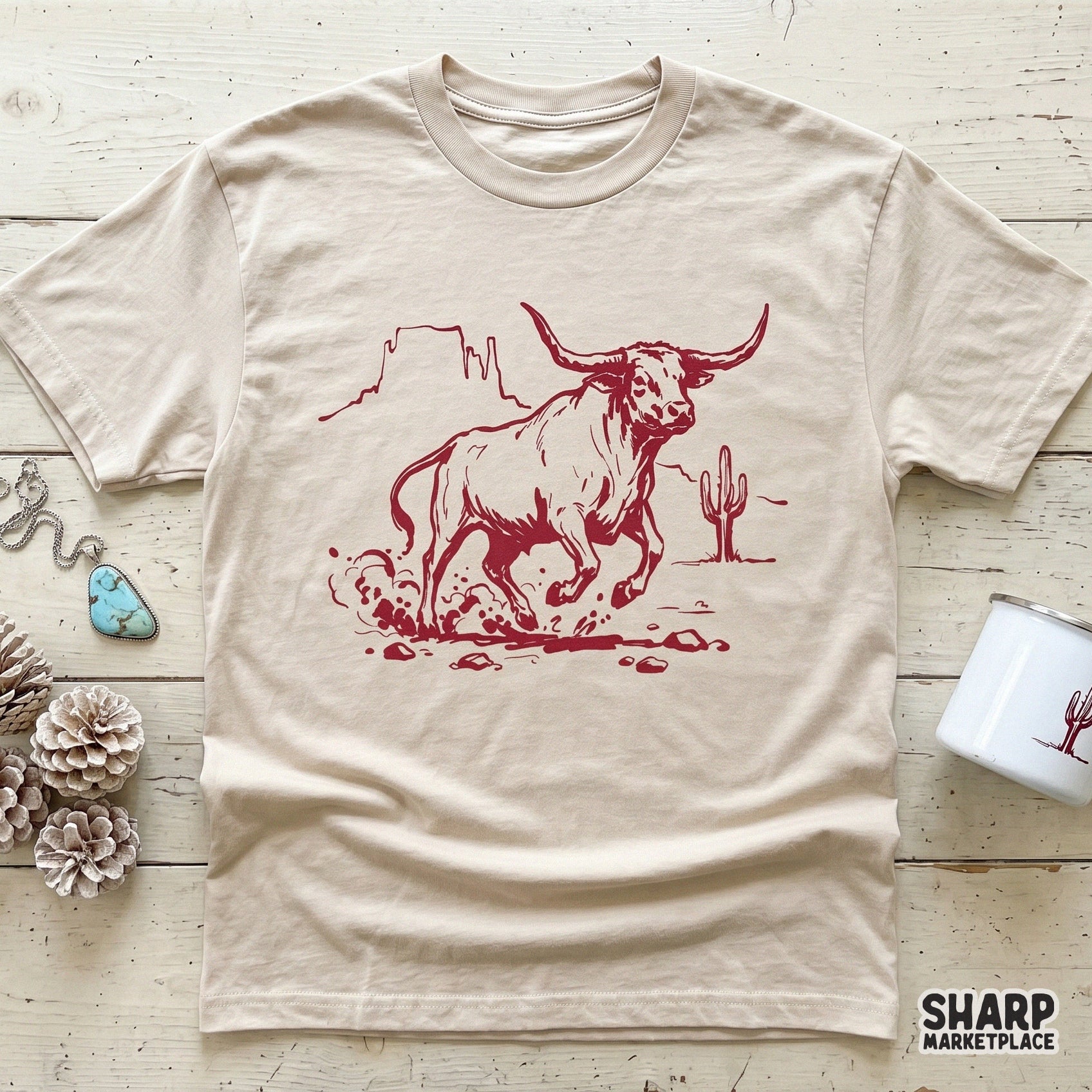 Dynamic Western longhorn bull illustration in a sketch style, perfect for creating custom rodeo apparel, sublimation transfers, or rustic wall art.