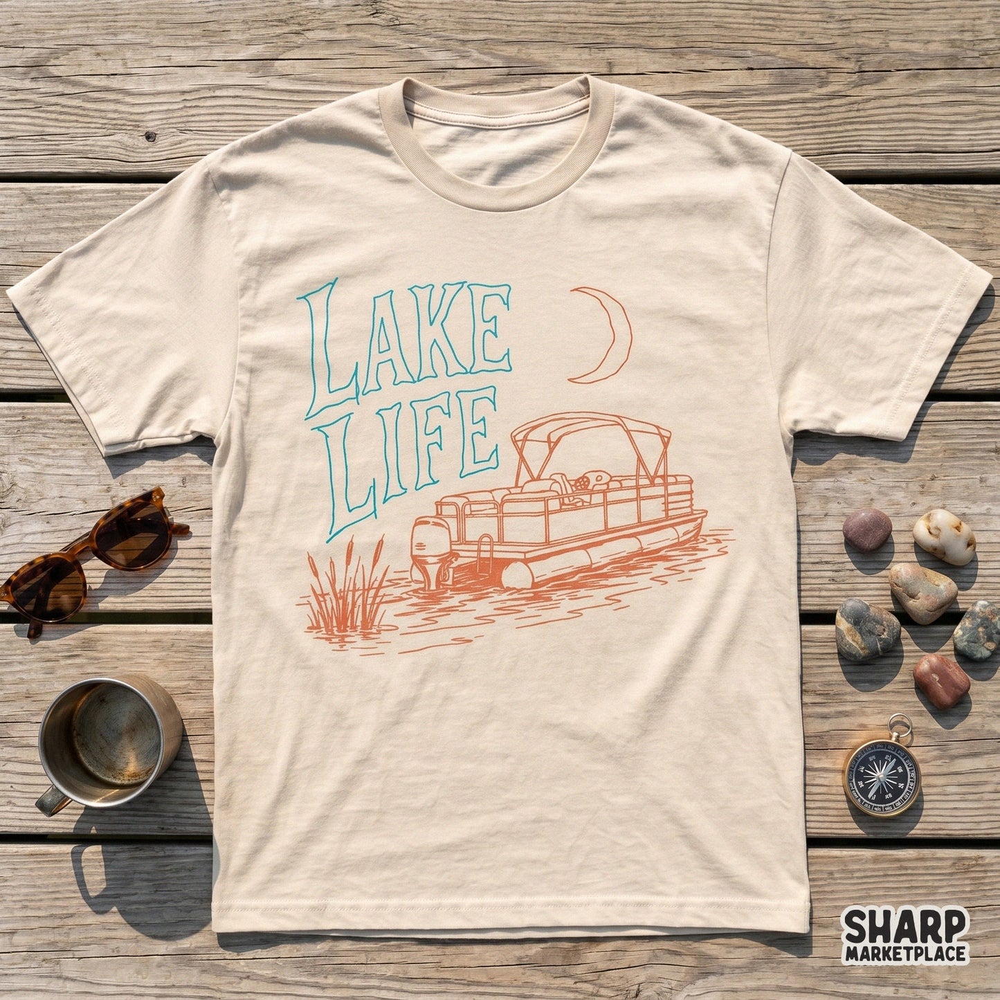 Retro summer pontoon boat shirt design with stars and river waves for trendy lake life apparel and beach sublimation