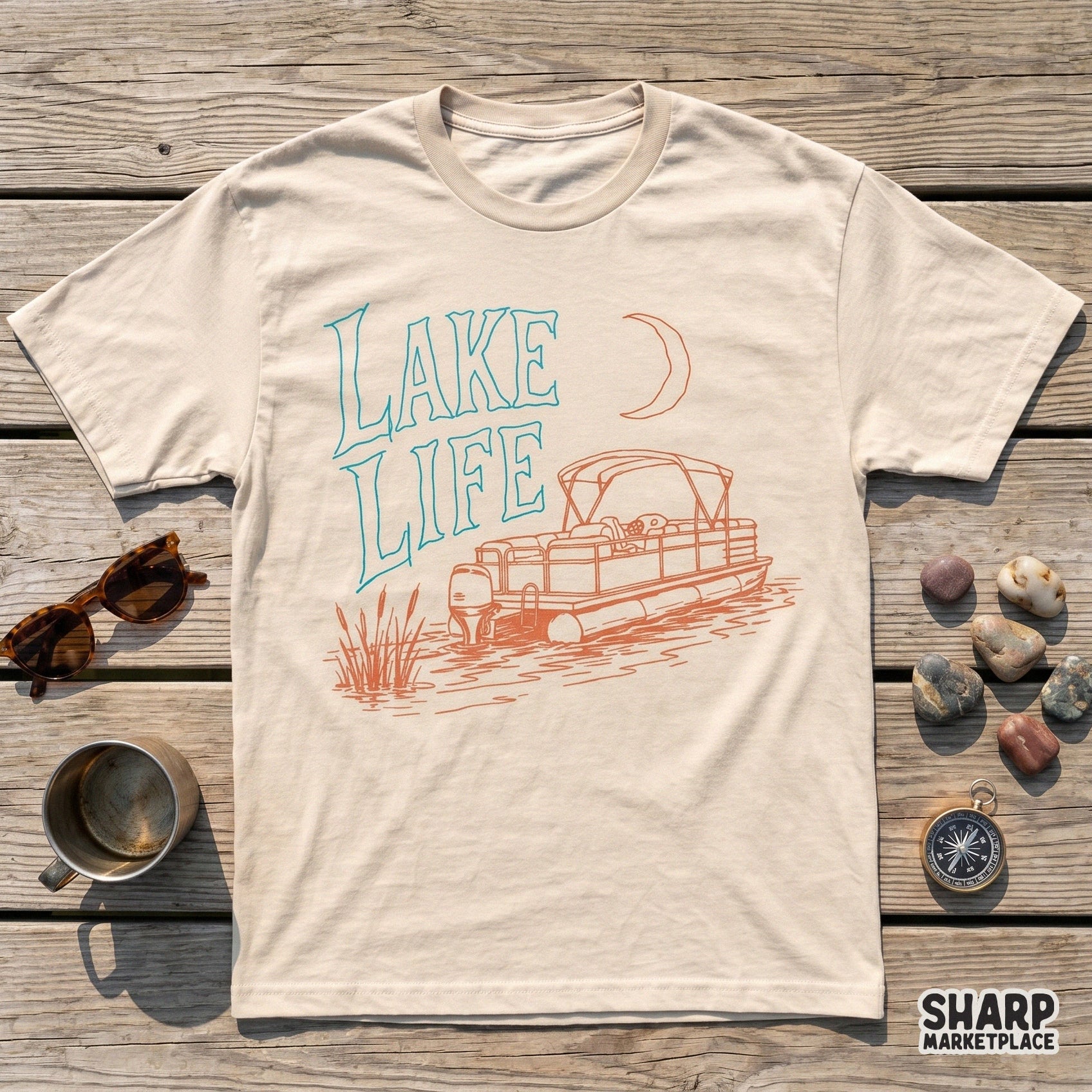 Retro summer pontoon boat shirt design with stars and river waves for trendy lake life apparel and beach sublimation
