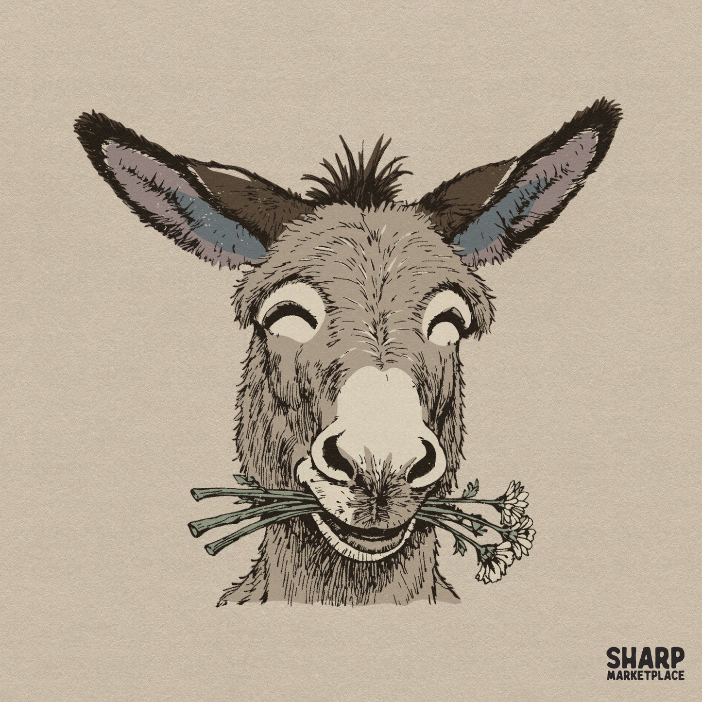 Funny smiling donkey face with daisy flowers in a retro spring sublimation design for shirts and animal lovers craft projects