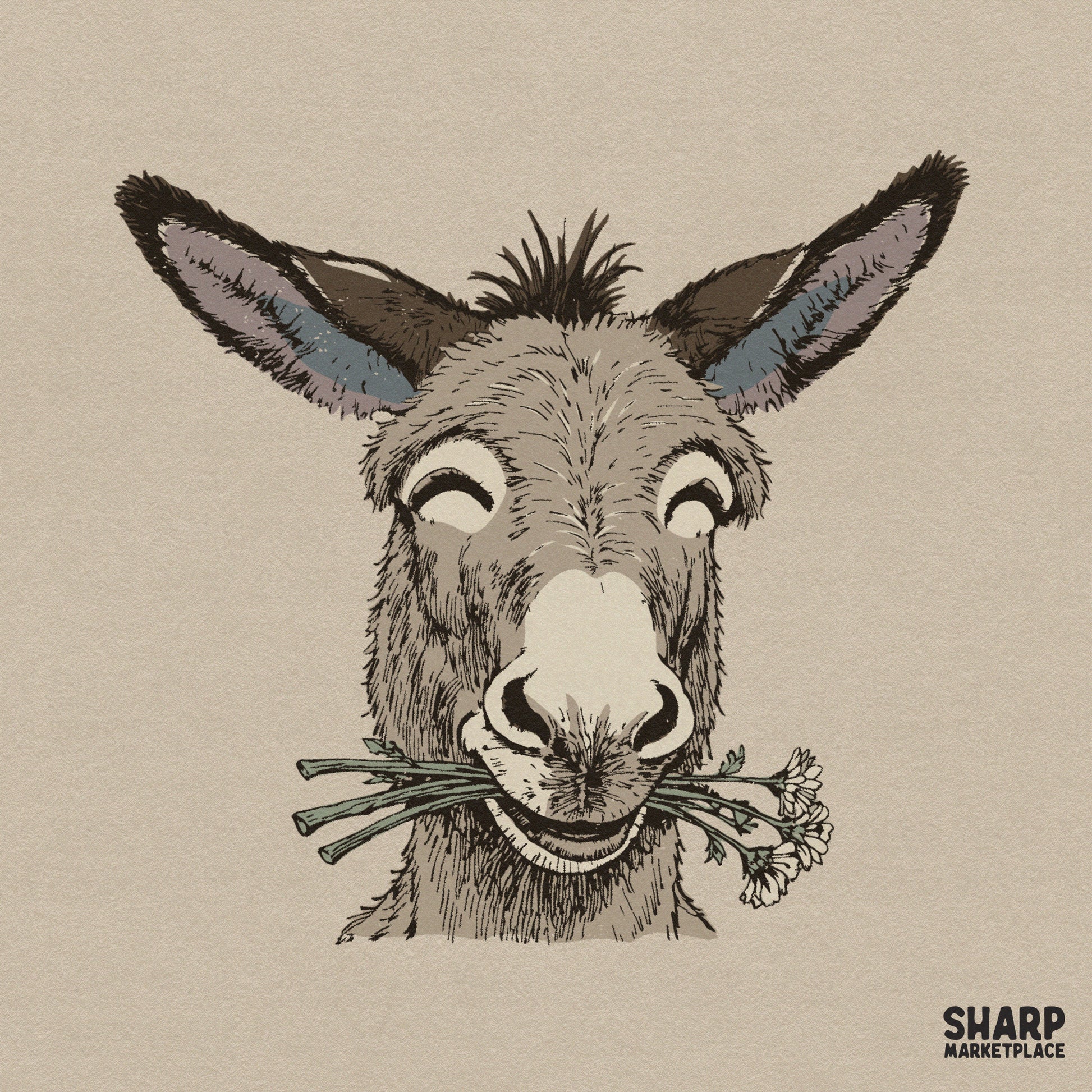 Funny smiling donkey face with daisy flowers in a retro spring sublimation design for shirts and animal lovers craft projects