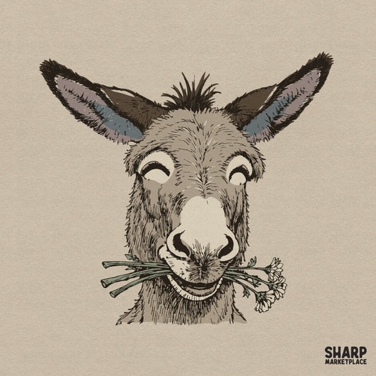 Funny smiling donkey face with daisy flowers in a retro spring sublimation design for shirts and animal lovers craft projects