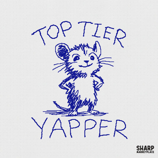 Blue scribbled ink illustration of a sassy mouse with hands on its hips, featuring the text Top Tier Yapper, perfect for funny shirts and stickers.