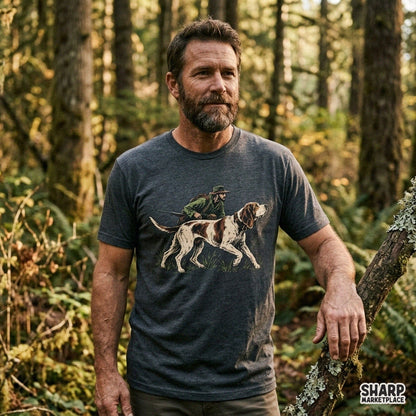 Pointer dog leading a rifle hunter through wilderness western png design for hunting shirts and sublimation