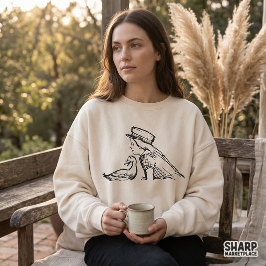 Vintage cottagecore girl with duck line sketch art sublimation png for retro apparel and print-on-demand templates