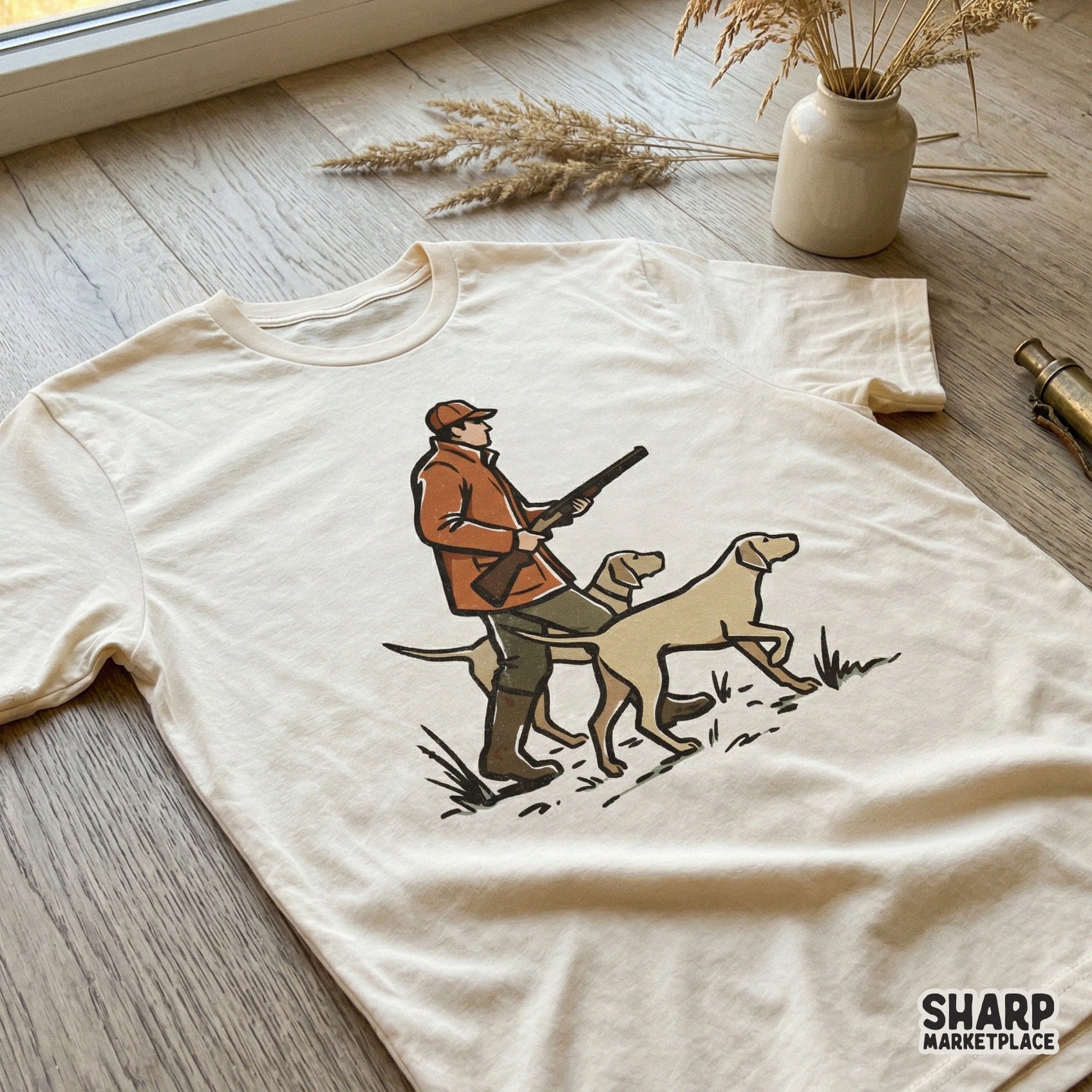 Hand-drawn vintage hunting scene with a sportsman and bird dogs, designed for DIY gifts, tumblers, and high-quality sublimation apparel projects.