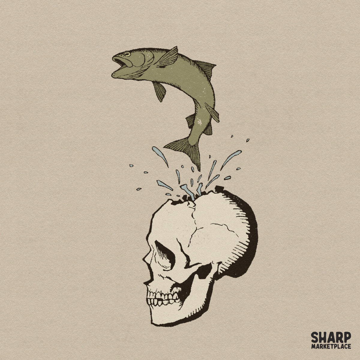 Surreal fish jumping out of a cracked skull weirdcore fishing art PNG design for t-shirts and sublimations