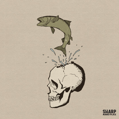 Surreal fish jumping out of a cracked skull weirdcore fishing art PNG design for t-shirts and sublimations