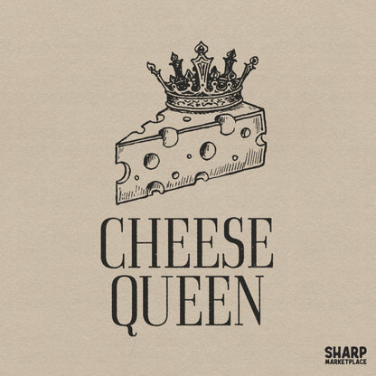 Funny Cheese Queen PNG featuring a yellow Swiss cheese slice wearing a crown for sarcastic foodie apparel and sublimation