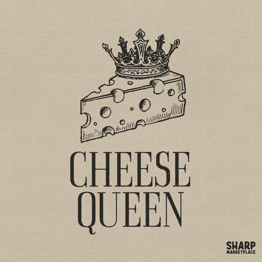 Funny Cheese Queen PNG featuring a yellow Swiss cheese slice wearing a crown for sarcastic foodie apparel and sublimation