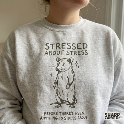 Relatable anxiety humor design featuring a hand-drawn opossum and sparkling stars, designed for use on apparel, home decor, and creative craft projects.