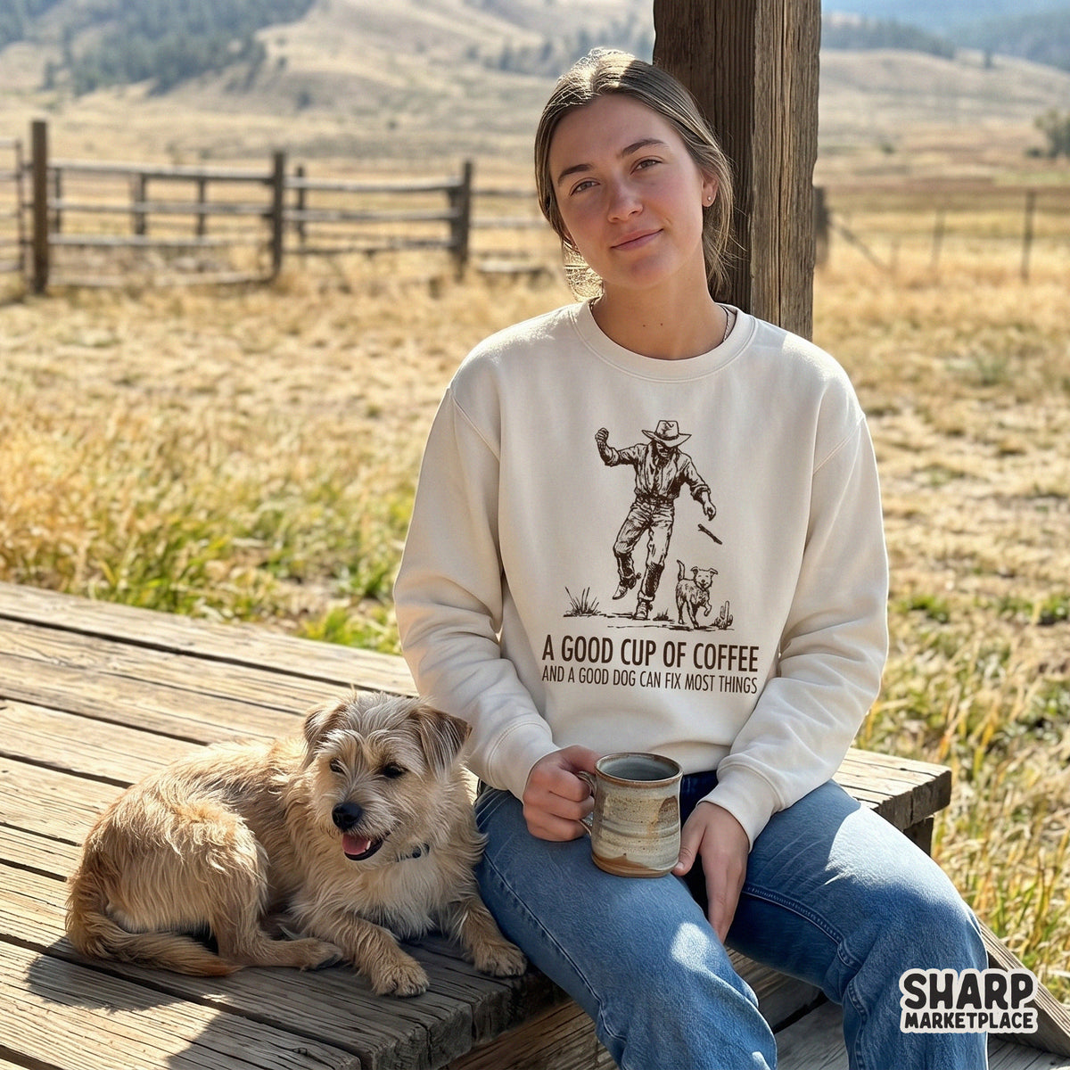 Rustic cowboy and dog sketch design with distressed lettering, suitable for creating unique stickers, tumblers, or personalized western apparel.