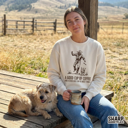 Rustic cowboy and dog sketch design with distressed lettering, suitable for creating unique stickers, tumblers, or personalized western apparel.