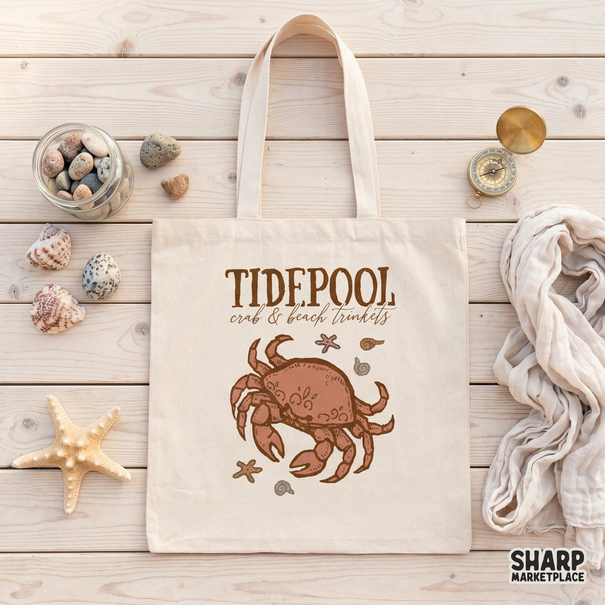 Digital sublimation graphic of a textured crab surrounded by small beach shells and starfish, perfect for custom summer shirts, tumblers, and wall art.
