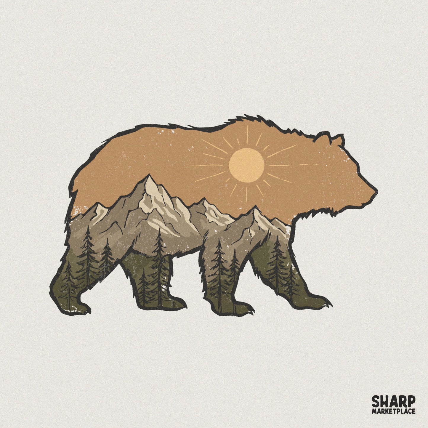 Bear Sun PNG, Mountain Forest PNG Download - 300 DPI Design for T-Shirt