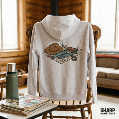 Rustic angler-themed digital artwork featuring trout and vintage fishing equipment, suitable for DIY print-on-demand shirts, posters, and wall art.