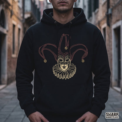Venetian jester mask with ruffles and bells retro creepy Halloween PNG design for masquerade shirt sublimation art