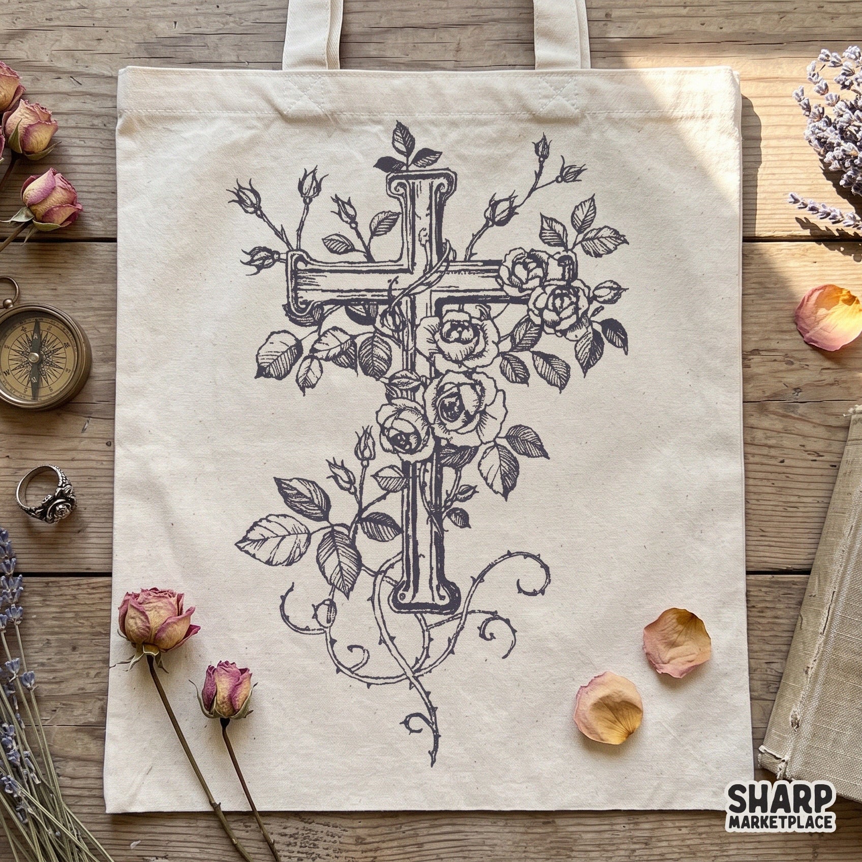 Vintage floral cross and thorny roses sketch design for Christian faith sublimation and religious Easter shirt prints