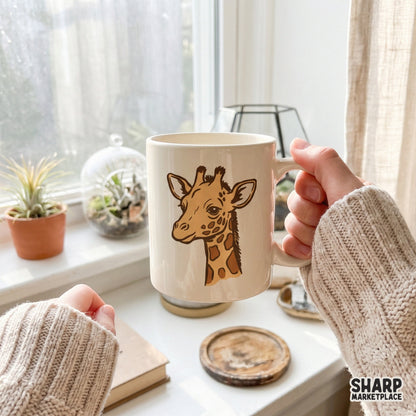 Cute baby giraffe illustration on a ceramic mug, showcasing a gentle wildlife sketch perfect for sublimation transfers and custom drinkware designs.