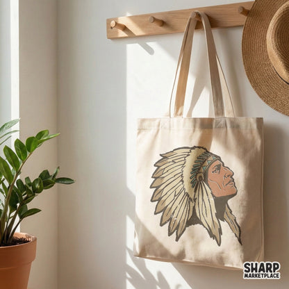 Heritage-inspired Native American chief design with a grand feathered headdress, suitable for custom western-themed shirts, stickers, and wall art.