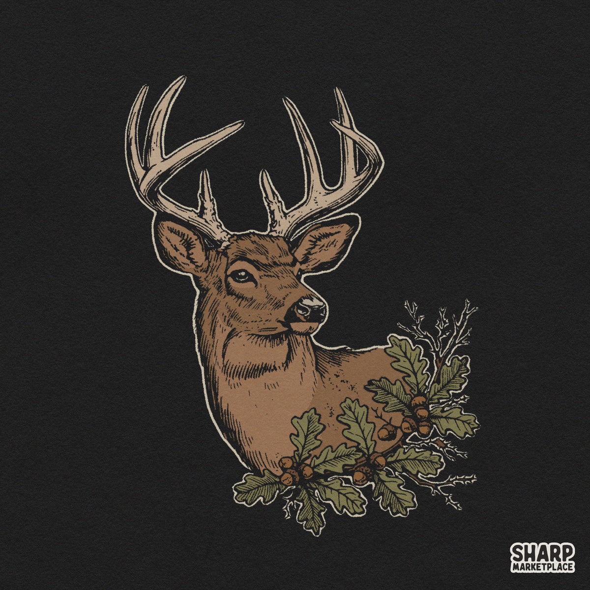 Vintage buck deer head with oak leaves and acorns in retro style for fall hunting sublimation shirt designs