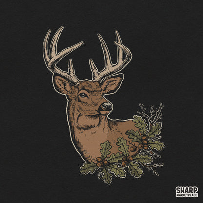 Vintage buck deer head with oak leaves and acorns in retro style for fall hunting sublimation shirt designs