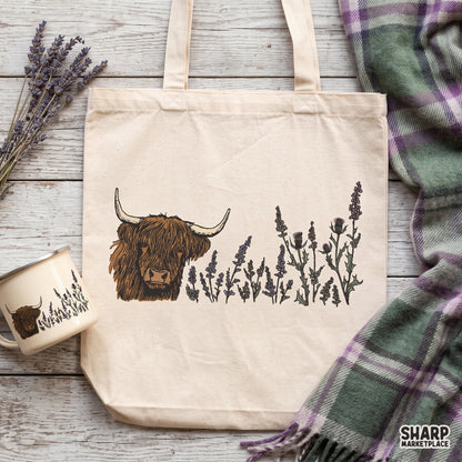 Highland cow with purple thistles boho floral graphic PNG, perfect for trendy western t-shirt sublimation designs