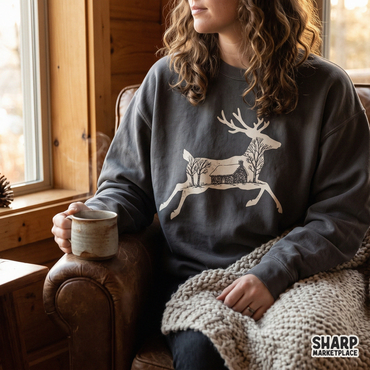 Rustic winter cabin and deer silhouette graphic design for cozy season shirt sublimation prints