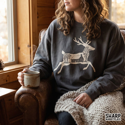Rustic winter cabin and deer silhouette graphic design for cozy season shirt sublimation prints