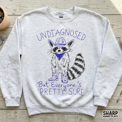 Sublimation-ready graphic of a funny raccoon in western attire with blue text, ideal for custom t-shirts, tumblers, and DIY print projects.