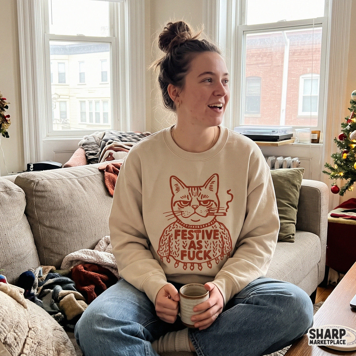 Sarcastic grumpy smoking kitten holiday humor design as a funny Christmas PNG for shirts and tumblers