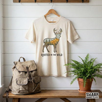 Digital download featuring a majestic stag silhouette filled with a scenic mountain forest landscape and vintage typography for custom shirts or wall art.
