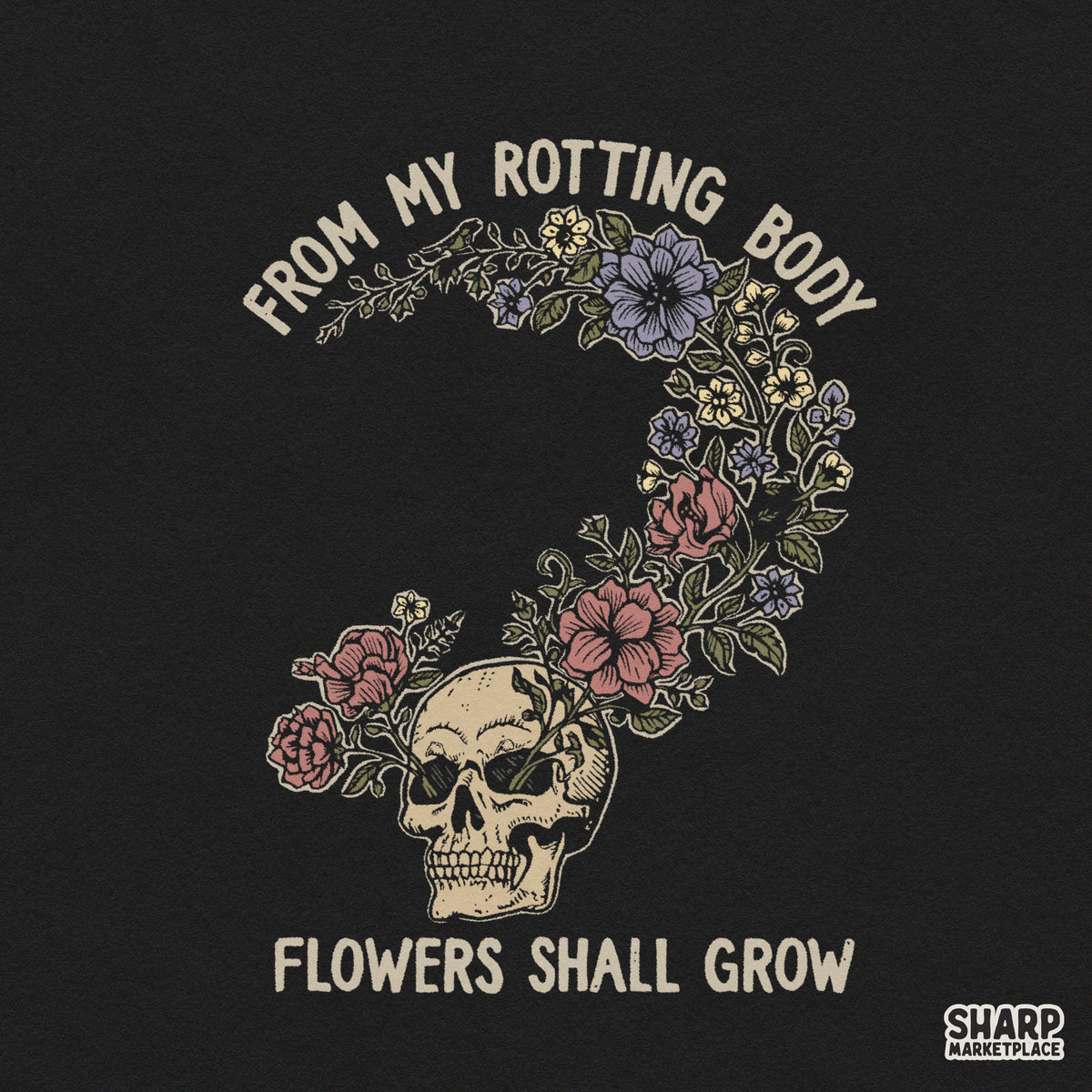 Retro Halloween skull with beige floral art and life death quote for shirt sublimation digital PNG
