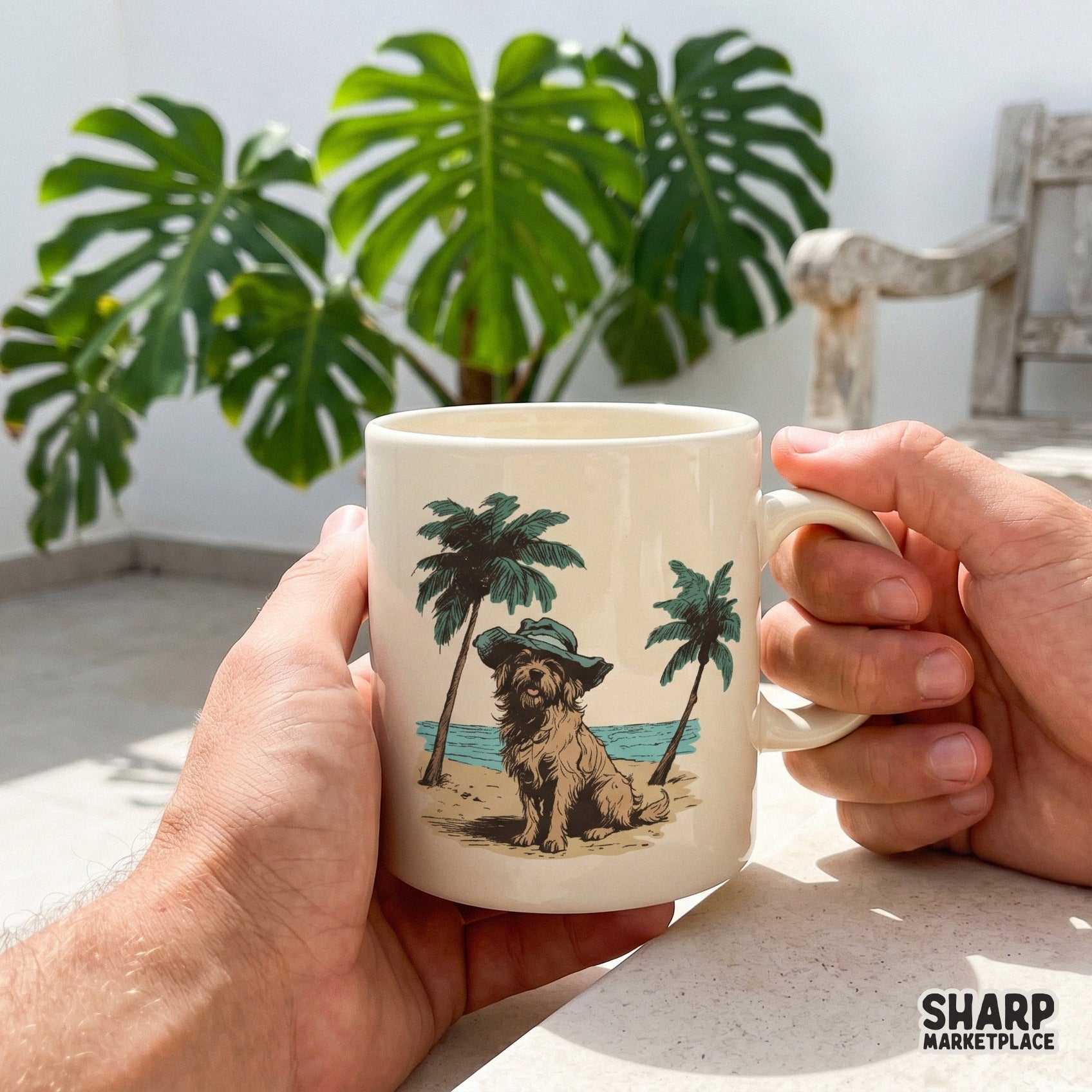 Retro scruffy dog wearing a floppy hat on the beach with palm trees, summer sublimation shirt design for dog moms