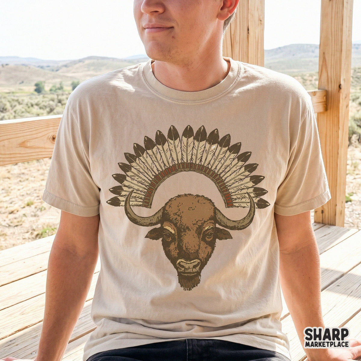 Western buffalo head digital art with earthy brown tones and a decorative feather crown, designed for custom apparel and DIY craft projects.