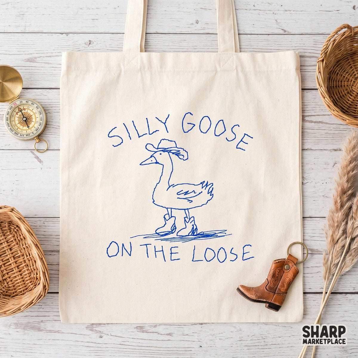 Funny western-themed goose doodle in cobalt blue ink, ideal for creating sarcastic graphic tees, tumblers, and unique printable DIY gifts.