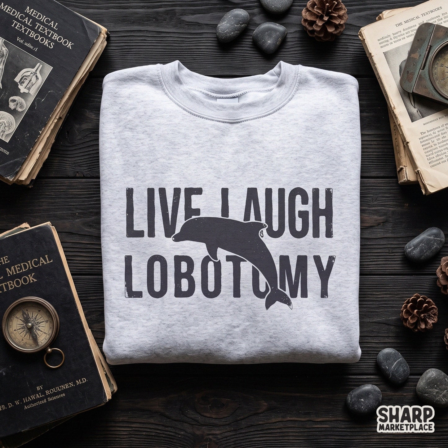 Retro y2k dolphin silhouette with Live Laugh Lobotomy text for sarcastic shirt designs and ironic humor PNGs