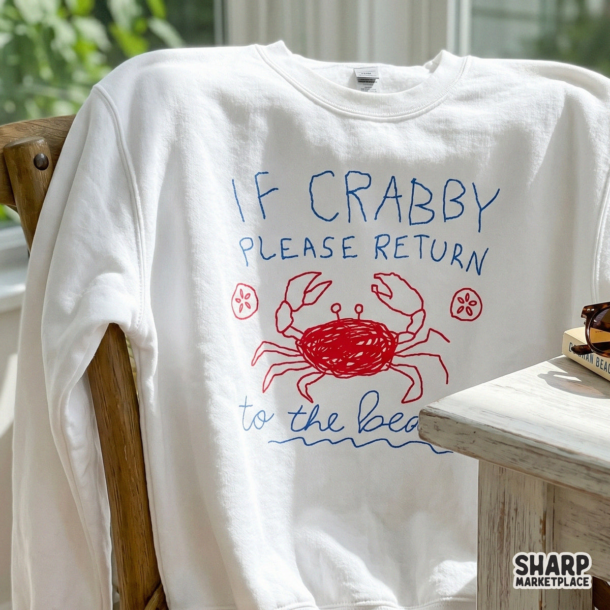 Coastal vacation digital art with a red crab and blue lettering that says If Crabby Please Return To The Beach, suitable for heat transfers and apparel.