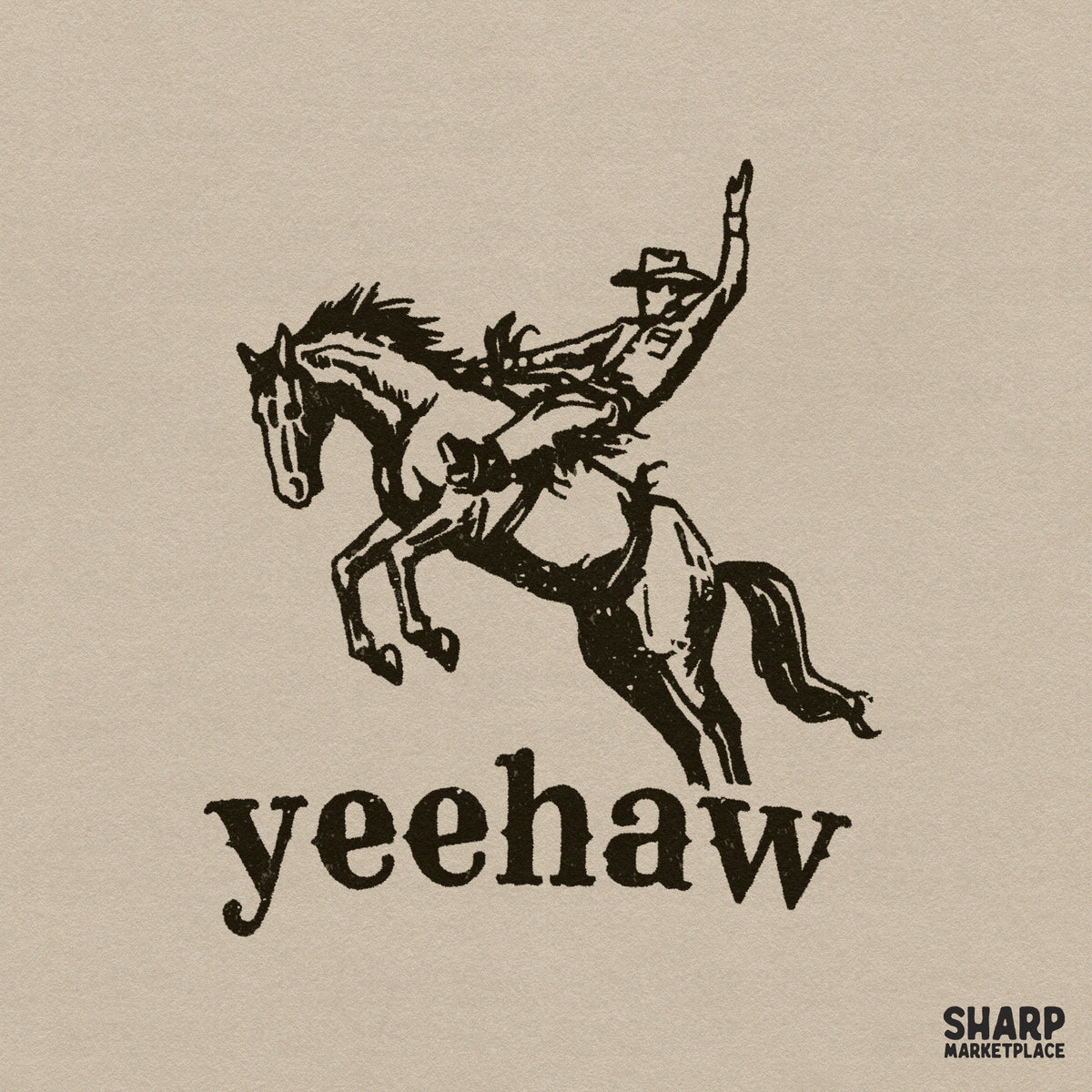 Vintage style black ink illustration of a cowboy on a bucking bronco with the word Yeehaw in bold serif font, isolated on a neutral background.
