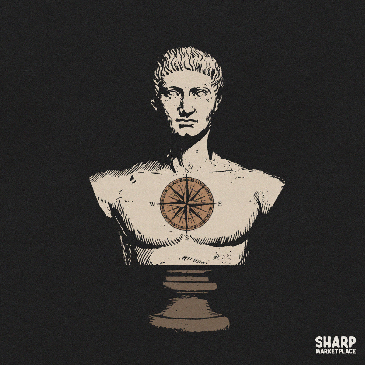 Classical Roman bust with a compass rose map design in dark academia aesthetic style for tumbler sublimation