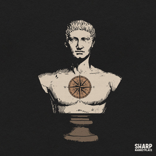 Classical Roman bust with a compass rose map design in dark academia aesthetic style for tumbler sublimation