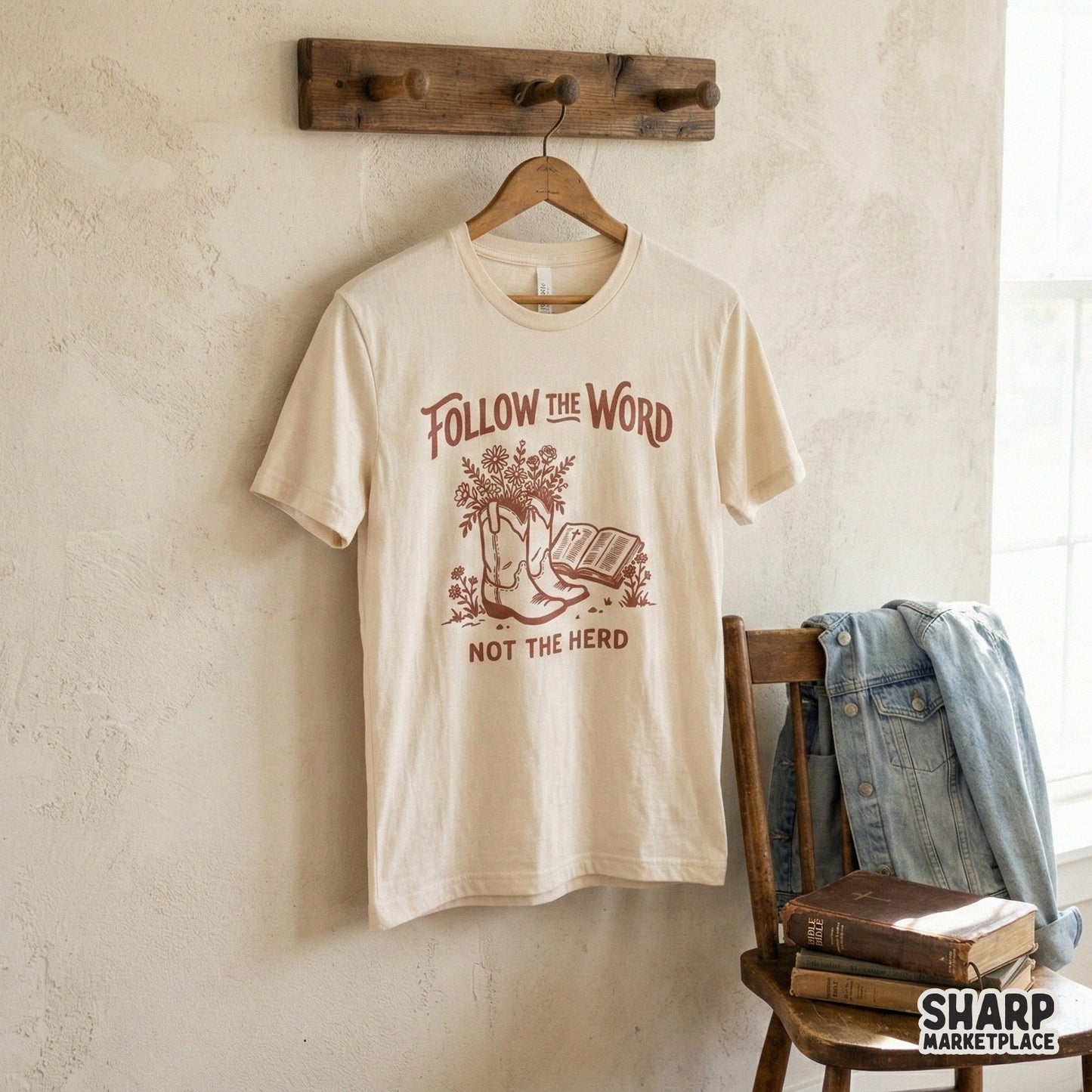 Rustic western floral design with the quote Follow The Word Not The Herd, ideal for high-quality sublimation transfers and boutique apparel printing.
