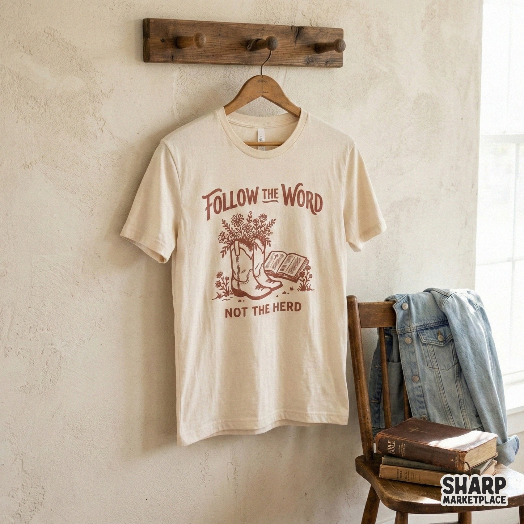 Rustic western floral design with the quote Follow The Word Not The Herd, ideal for high-quality sublimation transfers and boutique apparel printing.