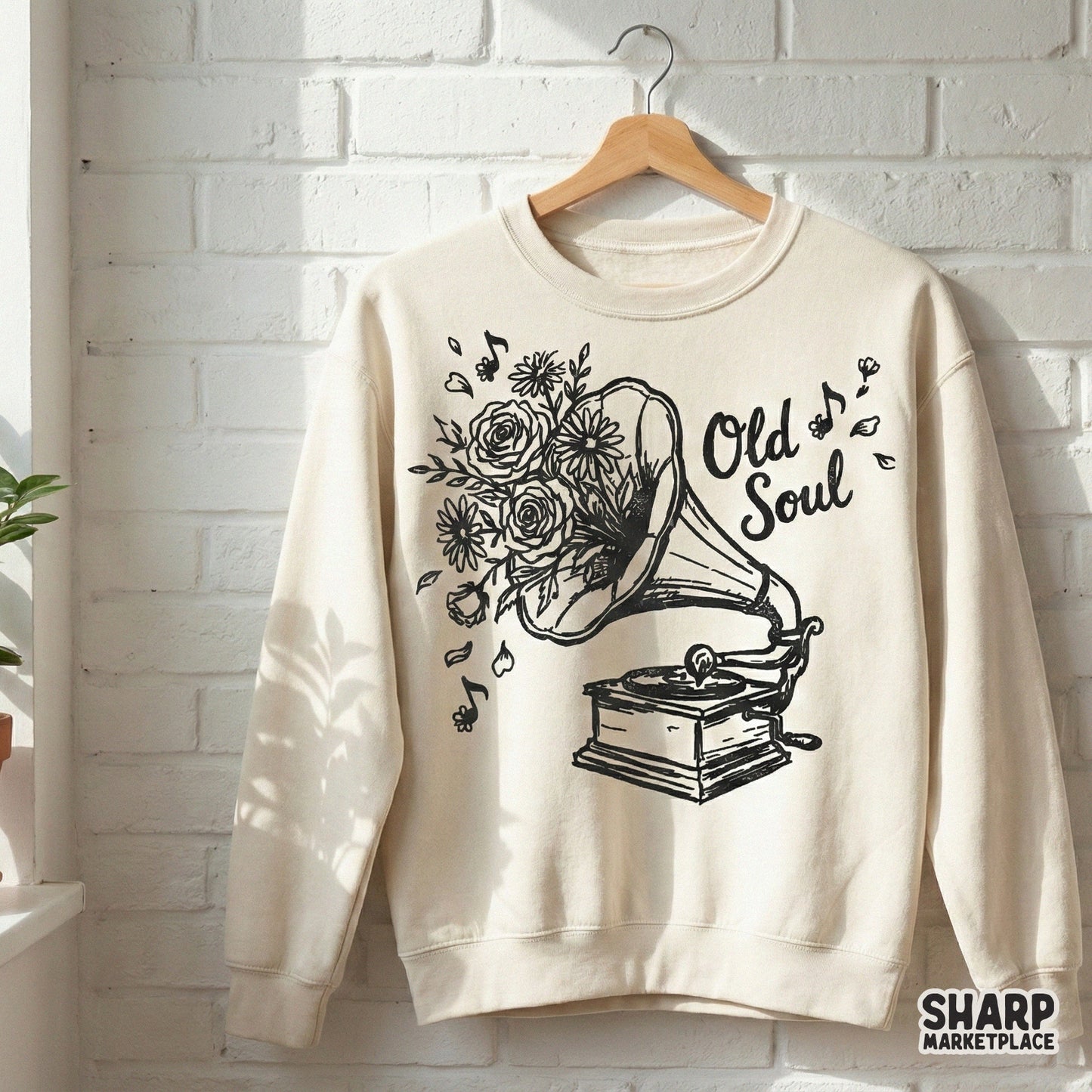 Monochromatic vintage music art with a gramophone, flowers, and Old Soul script, suitable for printing on tumblers, stickers, and home decor items.