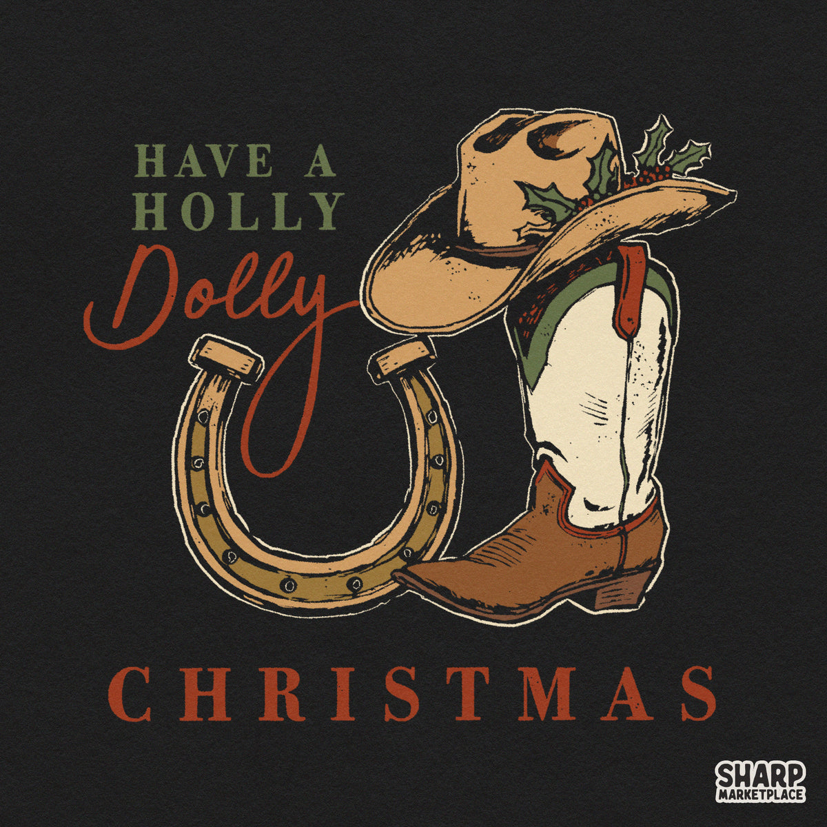 Retro western Christmas PNG design with cowboy hat and boots for country holiday apparel and t-shirts