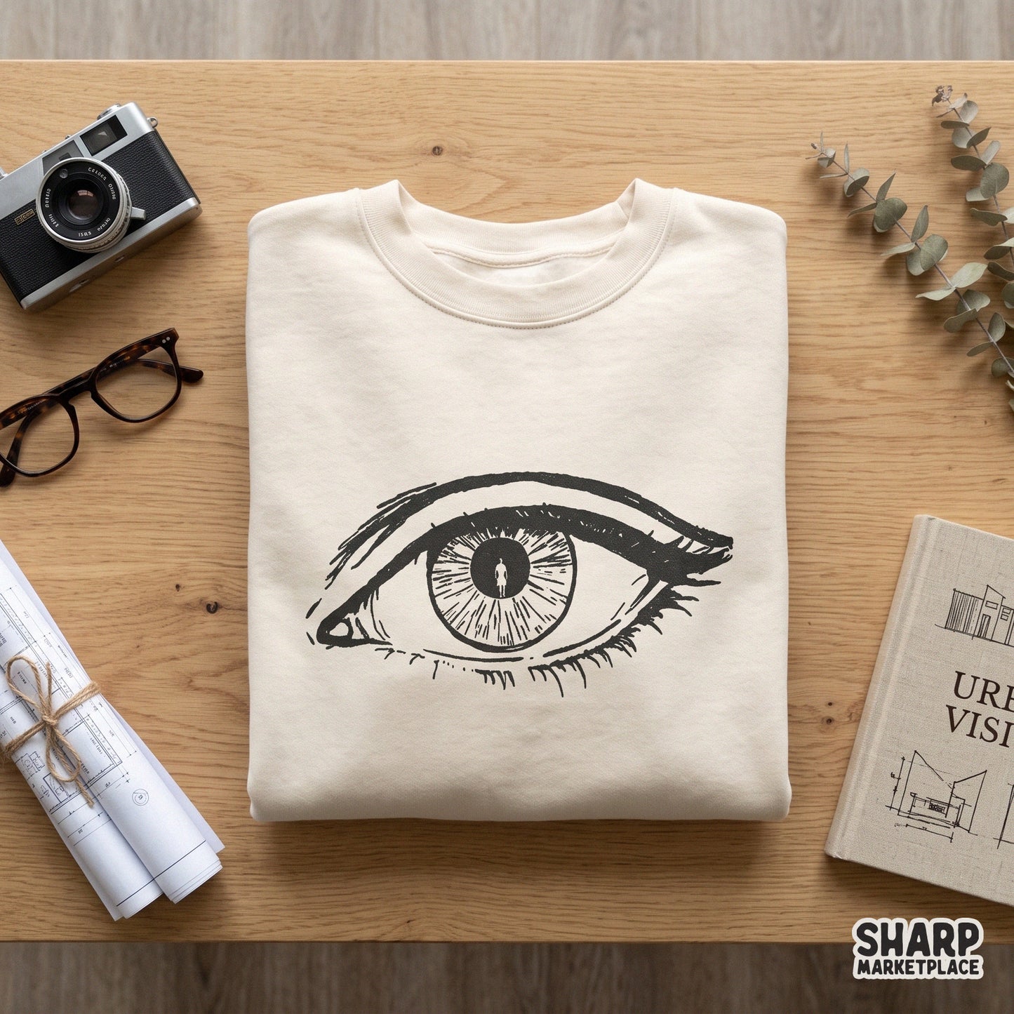 Surreal hand drawn eye with silhouette graphic retro horror png design for dark aesthetic sublimation shirts
