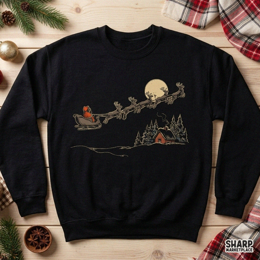 Rustic Moonlit Winter Sleigh Ride Line Art Over Cozy Pine